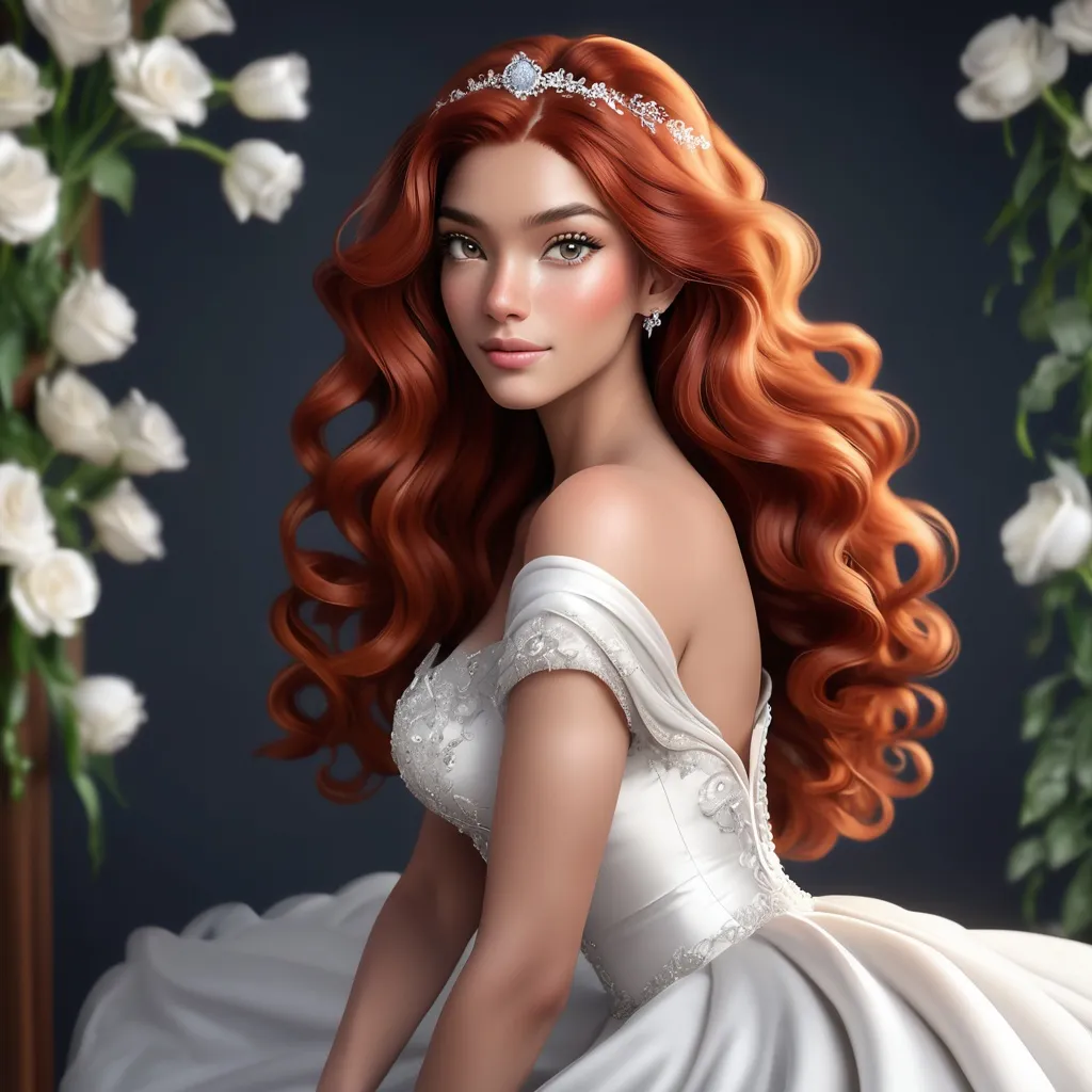 Prompt: A multiracial woman of Dutch, Persian, and Japanese descent who has long, wavy red hair that falls to her knees and she has grey eyes. She is six foot four (193.04 cm) tall and 198 lbs with an athletic build. She is wearing a beautiful wedding dress. She has Breathtakingly Gorgeous features.