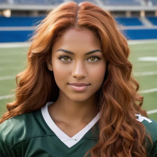 Prompt: She is a multiracial woman of Dutch, Persian, and Japanese origin. She has long, wavy red hair that falls to her knees and she also has grey eyes, and her skin tone is an olive complexion. She is six foot four (193.04 cm) tall and 198 lbs with an athletic build. She is wearing an attire for football while scoring a goal on the soccer field. She has Breathtakingly Gorgeous features that are beyond this world.