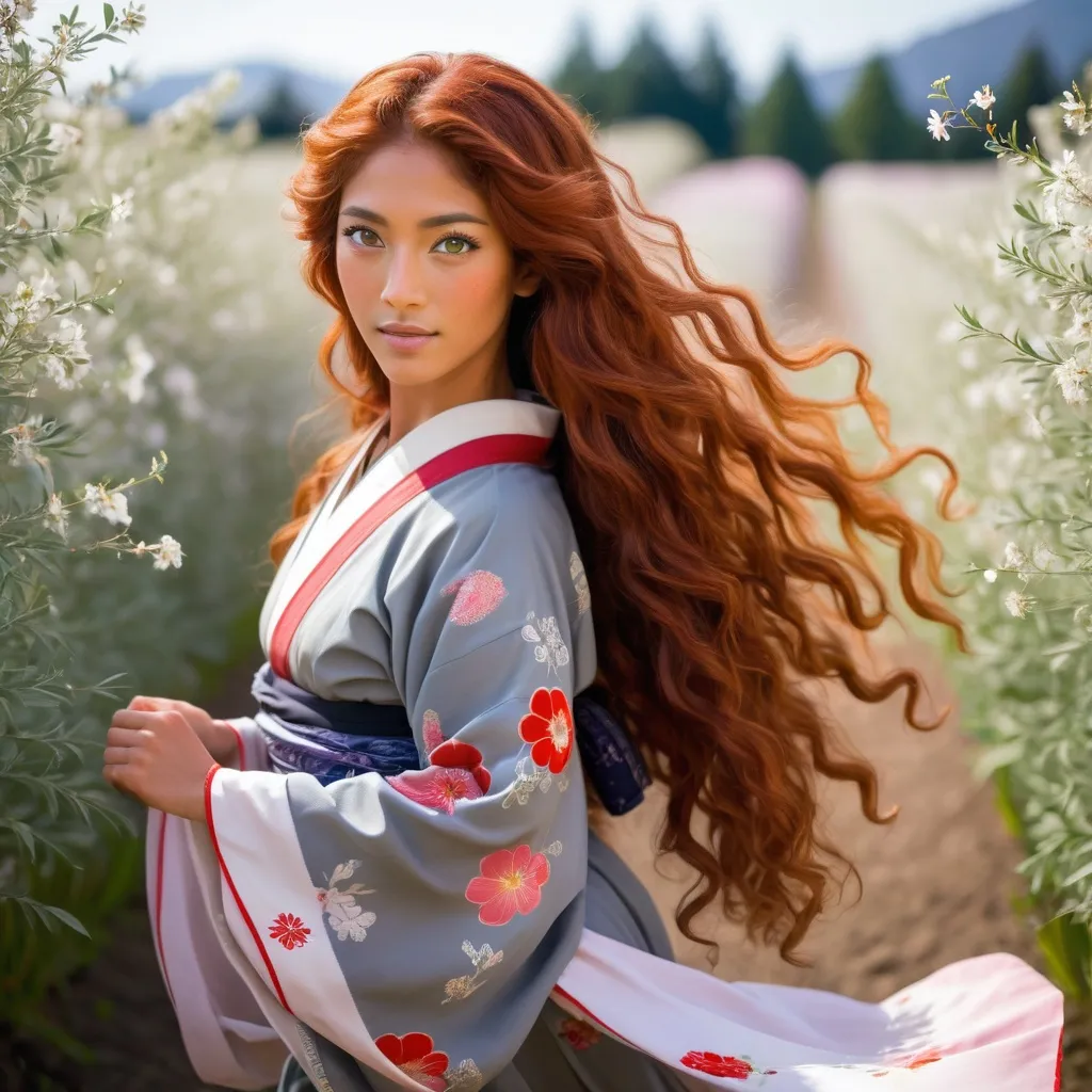 Prompt: She is a multiracial woman of Dutch, Persian, and Japanese origin. She has grey eyes and long, wavy red hair with an olive skin tone. She is six foot four tall and 198 lbs with an athletic build. She has Breathtakingly Gorgeous features. She is also dancing on the lovely flower field while wearing traditional Japanese clothing.