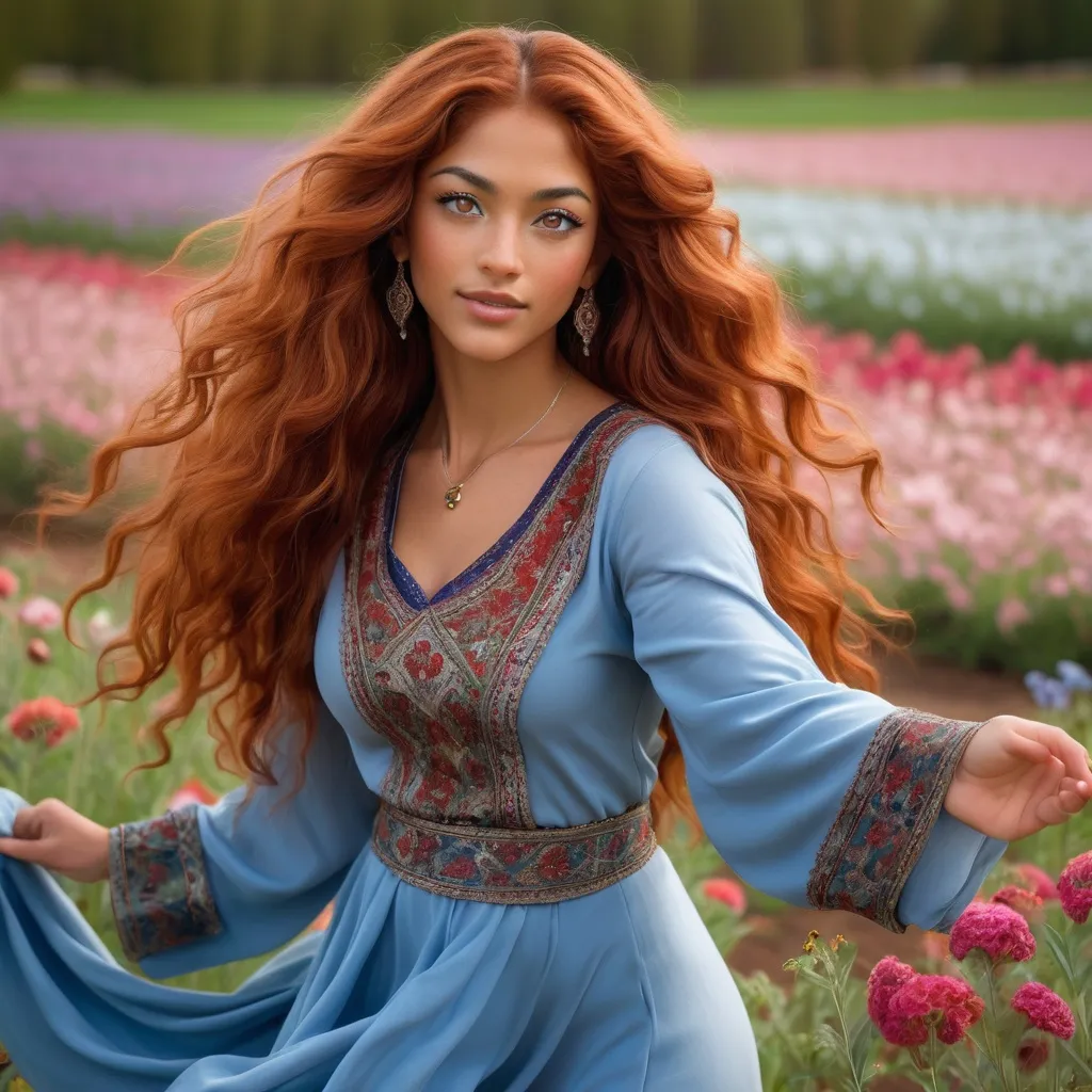 Prompt: She is a multiracial woman of Dutch, Persian, and Japanese origin. She has grey eyes and long, wavy red hair with an olive skin tone. She is six foot four tall and 198 lbs with an athletic build. She has Breathtakingly Gorgeous features. She is also dancing on the lovely flower field while wearing traditional blue Persian clothing.