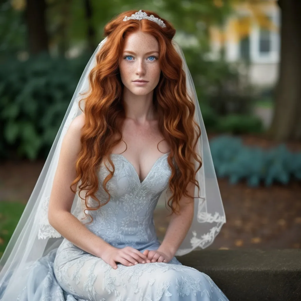 Prompt: A multiracial woman of Dutch, Persian, and Japanese descent who has long, wavy red hair that falls to her knees and she has greyish-blue eyes. She is six foot four (193.04 cm) tall and 198 lbs with an athletic build. She is wearing a beautiful wedding dress. She has Breathtakingly Gorgeous features.