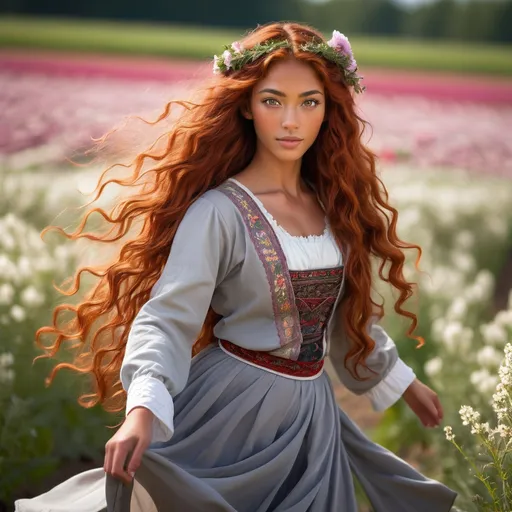 Prompt: She is a multiracial woman of Dutch, Persian, and Japanese origin. She has grey eyes and long, wavy red hair with an olive skin tone. She is six foot four tall and 198 lbs with an athletic build. She has Breathtakingly Gorgeous features. She is also dancing on the lovely flower field while wearing traditional Dutch clothing.