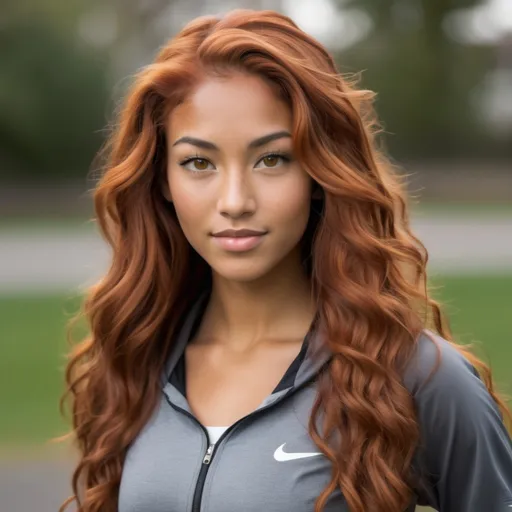 Prompt: She is a multiracial woman of Dutch, Persian, and Japanese origin. She has long, wavy red hair that falls to her knees and she also has grey eyes, and her skin tone is an olive complexion. She is six foot four (193.04 cm) tall and 198 lbs with an athletic build. She is wearing a sportswear attire while playing basketball. She has Breathtakingly Gorgeous features that are beyond this world.