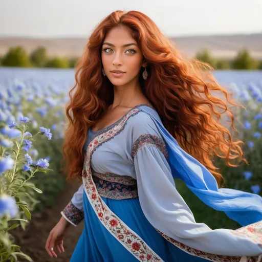 Prompt: She is a multiracial woman of Dutch, Persian, and Japanese origin. She has grey eyes and long, wavy red hair with an olive skin tone. She is six foot four tall and 198 lbs with an athletic build. She has Breathtakingly Gorgeous features. She is also dancing on the lovely flower field while wearing traditional blue Persian clothing.