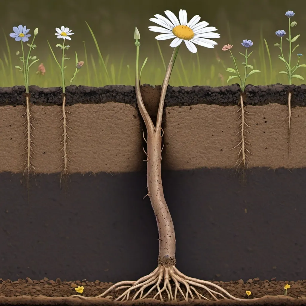 Prompt: Side View of single stem pushing through dirt, partly showing roots underground in dirt and flowers in meadow