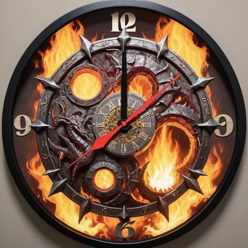 Prompt: a clock face with a dungeons and dragons theme. Make the hours look like they are  on fire.
