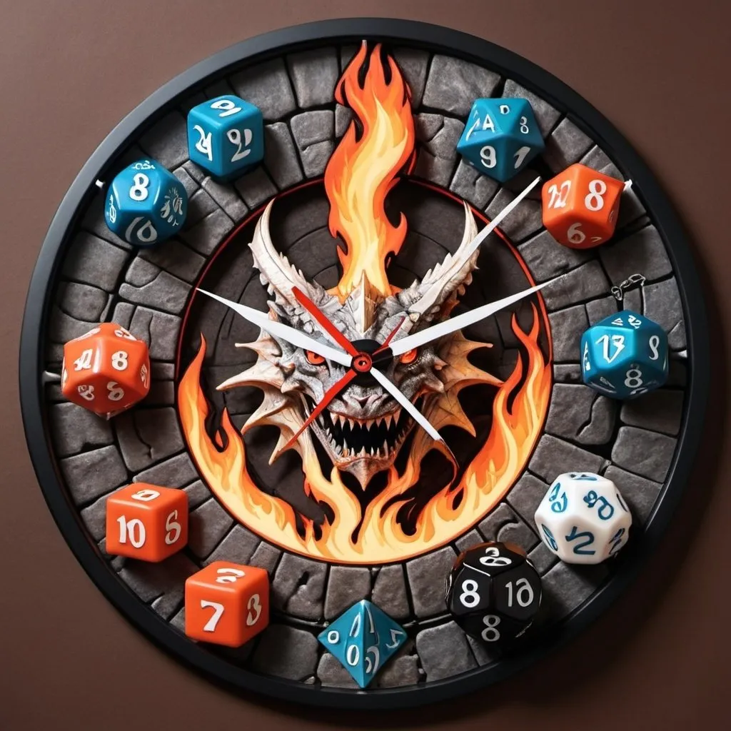 Prompt: a circular clock face with a dungeons and dragons theme. Make the hours look like they are  on fire. use D&D dice for the numbers
