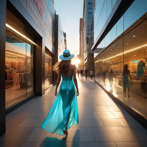 Prompt: realistic image of a woman with long hair, she is walking towards and facing me wearing an ankle length aqua blue metallic long dress, high heels, hat, walking along clifftop waterfall path, captured in golden hour lighting, bustling with activity, expansive glass facades reflecting the dynamic street life, contemporary architecture framing an array of unique shopping stores with diverse windows displays, neon signs glowing, hyper realistic 4k resolutuion, dusk.