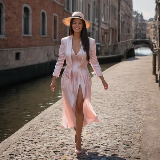 Prompt: Hyper-realistic 4k digital image, woman exuding happiness strides forward, long straight hair, collarless jacket nestles pastel satin dress flowing to the ground, narrow-brim hat perched atop her head, heels clicking on the cobblestones of a canal pathway, surrounded by evening's gentle glow, ambient shadows interplaying with the backlit figure, depth of field focusing on the entirety of her