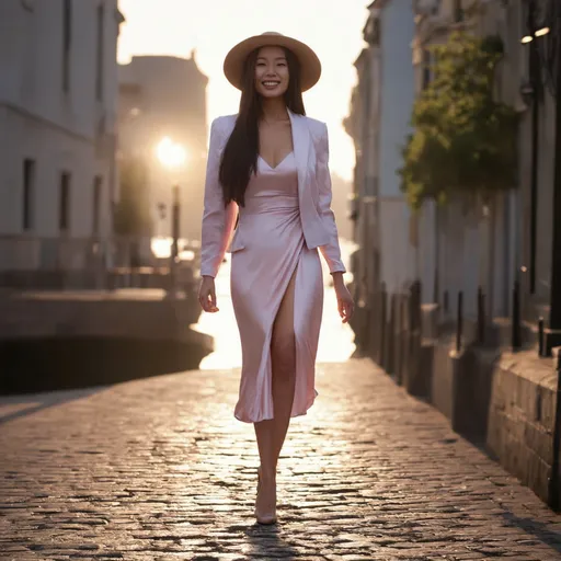 Prompt: Hyper-realistic 4k digital image, woman exuding happiness strides forward, long straight hair, collarless jacket nestles pastel satin dress flowing to the ground, narrow-brim hat perched atop her head, heels clicking on the cobblestones of a canal pathway, surrounded by evening's gentle glow, ambient shadows interplaying with the backlit figure, depth of field focusing on the entirety of her