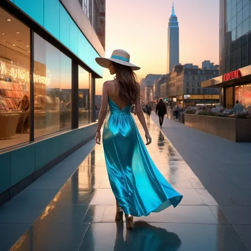 Prompt: realistic image of a woman with long hair, she is walking towards and facing me wearing an ankle length aqua blue metallic long dress, high heels, hat, walking along clifftop waterfall path, captured in golden hour lighting, bustling with activity, expansive glass facades reflecting the dynamic street life, contemporary architecture framing an array of unique shopping stores with diverse windows displays, neon signs glowing, hyper realistic 4k resolutuion, dusk.
