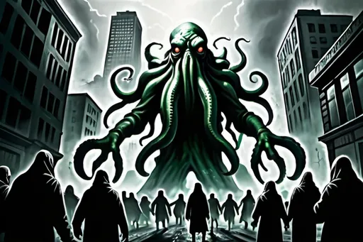 Prompt: Cthulhu rampaging through city, 500 feet tall, panicked people going insane, fog-covered ground, distant perspective, apocalyptic, high-contrast, detailed tentacles, menacing atmosphere, highres, dark fantasy, Lovecraftian, apocalyptic cityscape, surreal lighting, chaotic scene, towering horror, ominous fog, panic-stricken crowd, deranged civilians, monstrous, ancient deity, from on the ground perspective