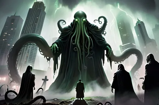 Prompt: Cthulhu rampaging through city, 500 feet tall, robed figures are kneeling and worshipping, fog-covered ground, distant perspective, apocalyptic, detailed tentacles, menacing atmosphere, highres, dark fantasy, Lovecraftian, apocalyptic, surreal lighting, towering horror, ominous fog, monstrous, ancient deity, from on the ground perspective