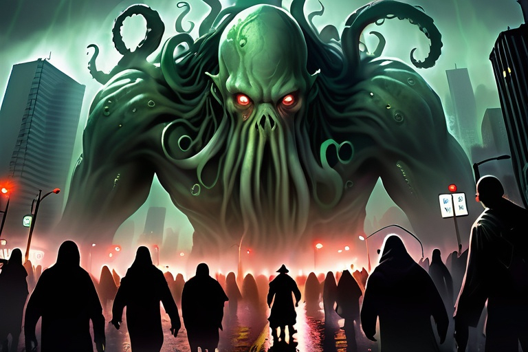 Prompt: Cthulhu rampaging through city, 500 feet tall, panicked people going insane, fog-covered ground, distant perspective, apocalyptic, detailed tentacles, menacing atmosphere, highres, dark fantasy, Lovecraftian, apocalyptic cityscape, surreal lighting, chaotic scene, towering horror, ominous fog, panic-stricken crowd, deranged civilians, monstrous, ancient deity, from on the ground perspective