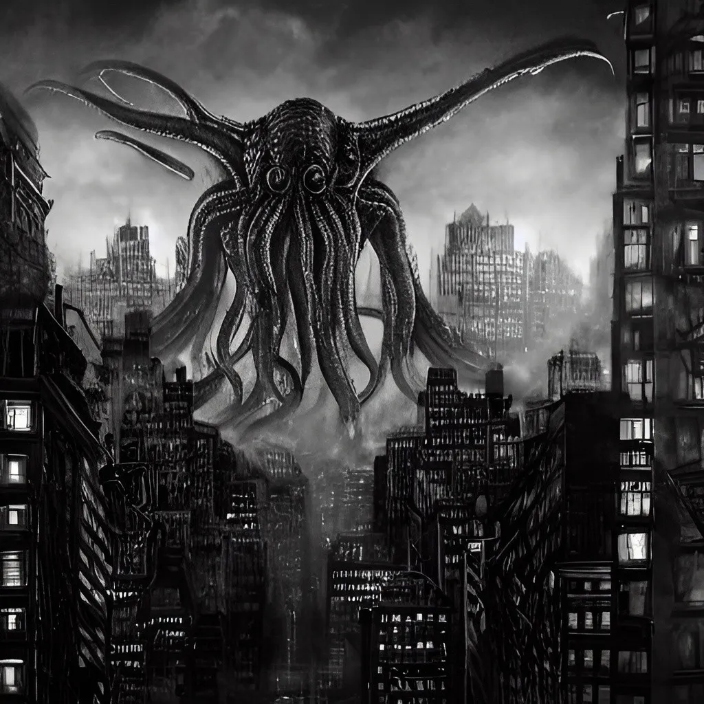 Prompt: Chaotic scene of Cthulhu rampaging through New York City, people driven insane, apocalyptic, high-quality, detailed, Lovecraftian horror, dark and eerie tones, towering eldritch creature, terrified faces, crumbling buildings, foggy and ominous atmosphere, otherworldly tentacles, city lights casting a haunting glow, best quality, highres, ultra-detailed, Lovecraftian horror, apocalyptic, chaotic, terrified faces, eerie atmosphere, eldritch creature, foggy, ominous, otherworldly, detailed buildings, haunting lighting