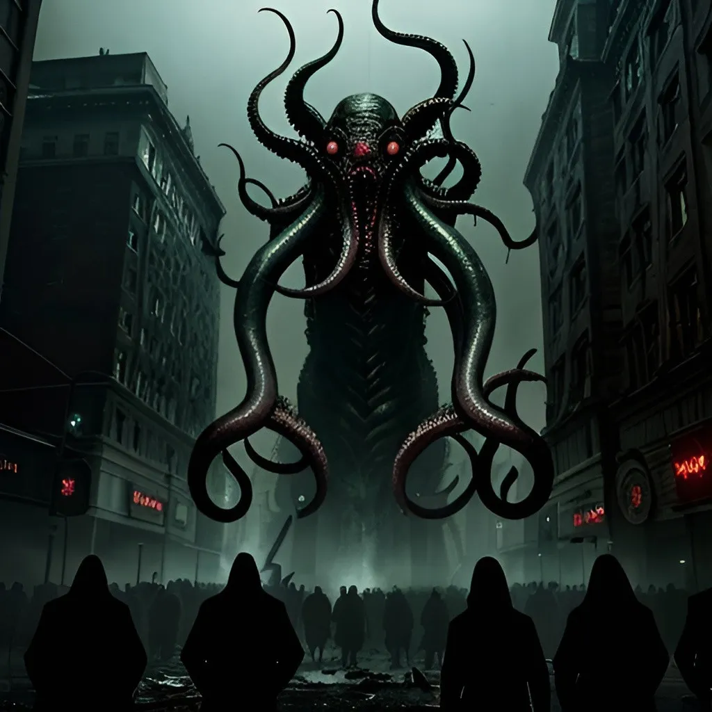 Prompt: Chaotic scene of Cthulhu rampaging through New York City, people driven insane, apocalyptic, high-quality, detailed, Lovecraftian horror, dark and eerie tones, towering eldritch creature, terrified faces, crumbling buildings, foggy and ominous atmosphere, otherworldly tentacles, city lights casting a haunting glow, best quality, highres, ultra-detailed, Lovecraftian horror, apocalyptic, chaotic, terrified faces, eerie atmosphere, eldritch creature, foggy, ominous, otherworldly, detailed buildings, haunting lighting, photorealistic, colorful