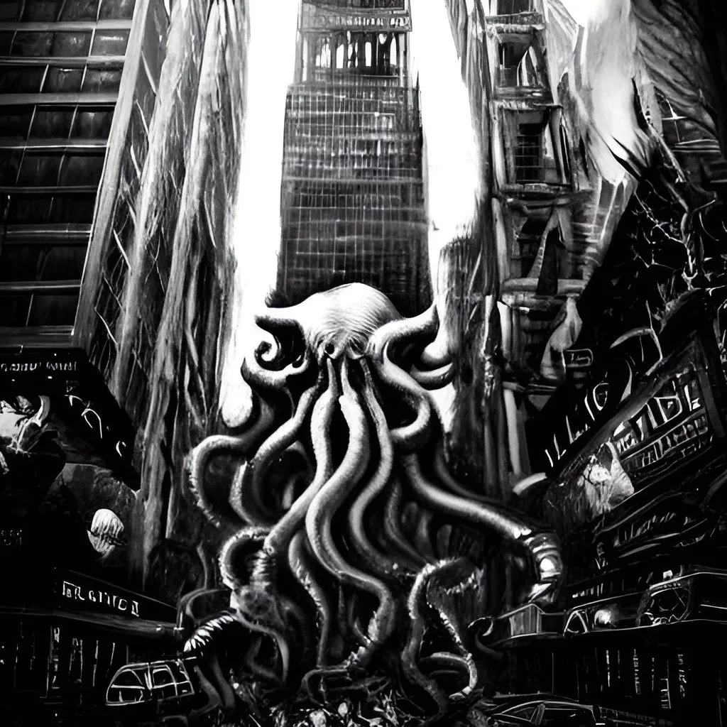 Prompt: Chaotic scene of Cthulhu rampaging through New York City, people driven insane, apocalyptic, high-quality, detailed, Lovecraftian horror, dark and eerie tones, towering eldritch creature, terrified faces, crumbling buildings, foggy and ominous atmosphere, otherworldly tentacles, city lights casting a haunting glow, best quality, highres, ultra-detailed, Lovecraftian horror, apocalyptic, chaotic, terrified faces, eerie atmosphere, eldritch creature, foggy, ominous, otherworldly, detailed buildings, haunting lighting