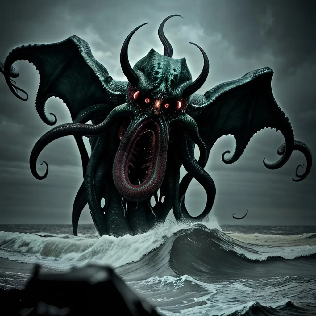 Prompt: Photorealistic, chaotic scene of Cthulhu emerging from the ocean in New York, terrified people, insanity, panic, detailed monster, realistic water, ominous atmosphere, high quality, photorealistic, chaotic, detailed crowd, horrifying, dark tones, dramatic lighting