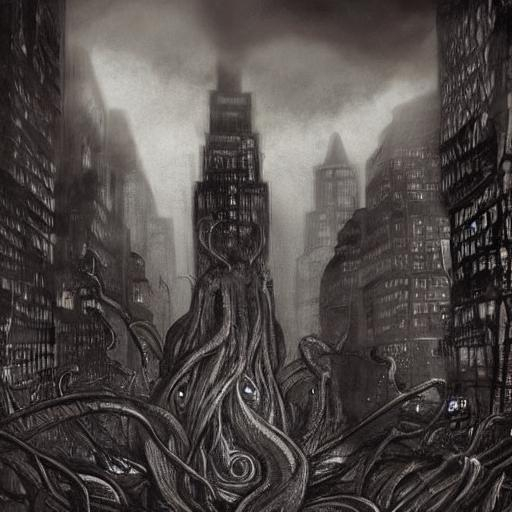 Prompt: Chaotic scene of Cthulhu rampaging through New York City, people driven insane, apocalyptic, high-quality, detailed, Lovecraftian horror, dark and eerie tones, towering eldritch creature, terrified faces, crumbling buildings, foggy and ominous atmosphere, otherworldly tentacles, city lights casting a haunting glow, best quality, highres, ultra-detailed, Lovecraftian horror, apocalyptic, chaotic, terrified faces, eerie atmosphere, eldritch creature, foggy, ominous, otherworldly, detailed buildings, haunting lighting