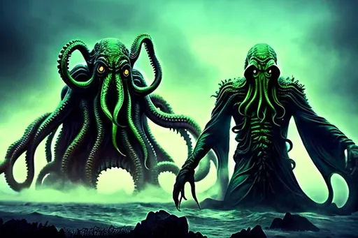 Prompt: Gigantic Cthulhu emerging from ocean, 500 feet tall, bending down, face near ground, robed figures, kneeling, worshipping, fog-covered ground, apocalyptic, detailed tentacles, menacing atmosphere, highres, dark fantasy, Lovecraftian,  towering horror, ominous fog, monstrous, ancient deity, side perspective, ground perspective