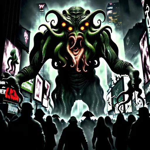 Prompt: Photorealistic, Cthulhu rampaging in chaotic Times Square, terrified people running away screaming, detailed monster, ominous atmosphere, high quality, chaotic, detailed crowd, horrifying, dark tones, dramatic lighting, Lovecraftian, insanity, panic, building-sized Cthulhu, detailed facial features, terrified crowd, professional, 4k, ultra-detailed, Lovecraftian, dramatic lighting, dark tones, chaotic scene