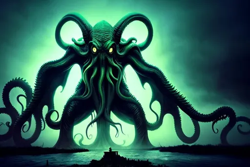 Prompt: Gigantic Cthulhu emerging from water, 500 feet tall bending down, face near robed figures, kneeling, worshipping, fog-covered ground, apocalyptic, detailed tentacles, menacing atmosphere, highres, dark fantasy, Lovecraftian,  towering horror, ominous fog, monstrous, ancient deity, side ground perspective