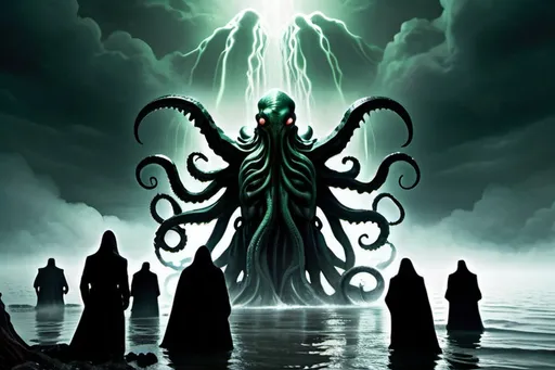 Prompt: Gigantic Cthulhu emerging from water, 500 feet tall, robed figures, kneeling, worshipping, fog-covered ground, apocalyptic, detailed tentacles, menacing atmosphere, highres, dark fantasy, Lovecraftian, apocalyptic, surreal lighting, towering horror, ominous fog, monstrous, ancient deity, from on the ground perspective