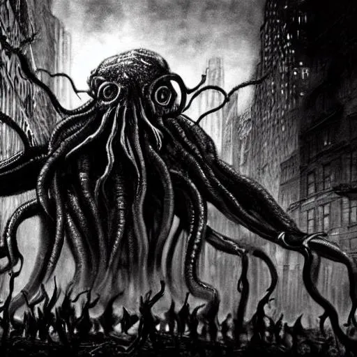 Prompt: Chaotic scene of Cthulhu rampaging through New York City, people driven insane, apocalyptic, high-quality, detailed, Lovecraftian horror, dark and eerie tones, towering eldritch creature, terrified faces, crumbling buildings, foggy and ominous atmosphere, otherworldly tentacles, city lights casting a haunting glow, best quality, highres, ultra-detailed, Lovecraftian horror, apocalyptic, chaotic, terrified faces, eerie atmosphere, eldritch creature, foggy, ominous, otherworldly, detailed buildings, haunting lighting