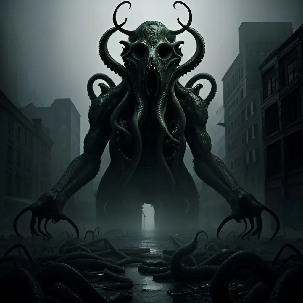 Prompt: Chaotic scene of Cthulhu rampaging through New York City, people driven insane, apocalyptic, high-quality, detailed, Lovecraftian horror, dark and eerie tones, towering eldritch creature, terrified faces, crumbling buildings, foggy and ominous atmosphere, otherworldly tentacles, city lights casting a haunting glow, best quality, highres, ultra-detailed, Lovecraftian horror, apocalyptic, chaotic, terrified faces, eerie atmosphere, eldritch creature, foggy, ominous, otherworldly, detailed buildings, haunting lighting, photorealistic, colorful