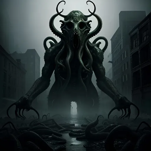 Prompt: Chaotic scene of Cthulhu rampaging through New York City, people driven insane, apocalyptic, high-quality, detailed, Lovecraftian horror, dark and eerie tones, towering eldritch creature, terrified faces, crumbling buildings, foggy and ominous atmosphere, otherworldly tentacles, city lights casting a haunting glow, best quality, highres, ultra-detailed, Lovecraftian horror, apocalyptic, chaotic, terrified faces, eerie atmosphere, eldritch creature, foggy, ominous, otherworldly, detailed buildings, haunting lighting, photorealistic, colorful