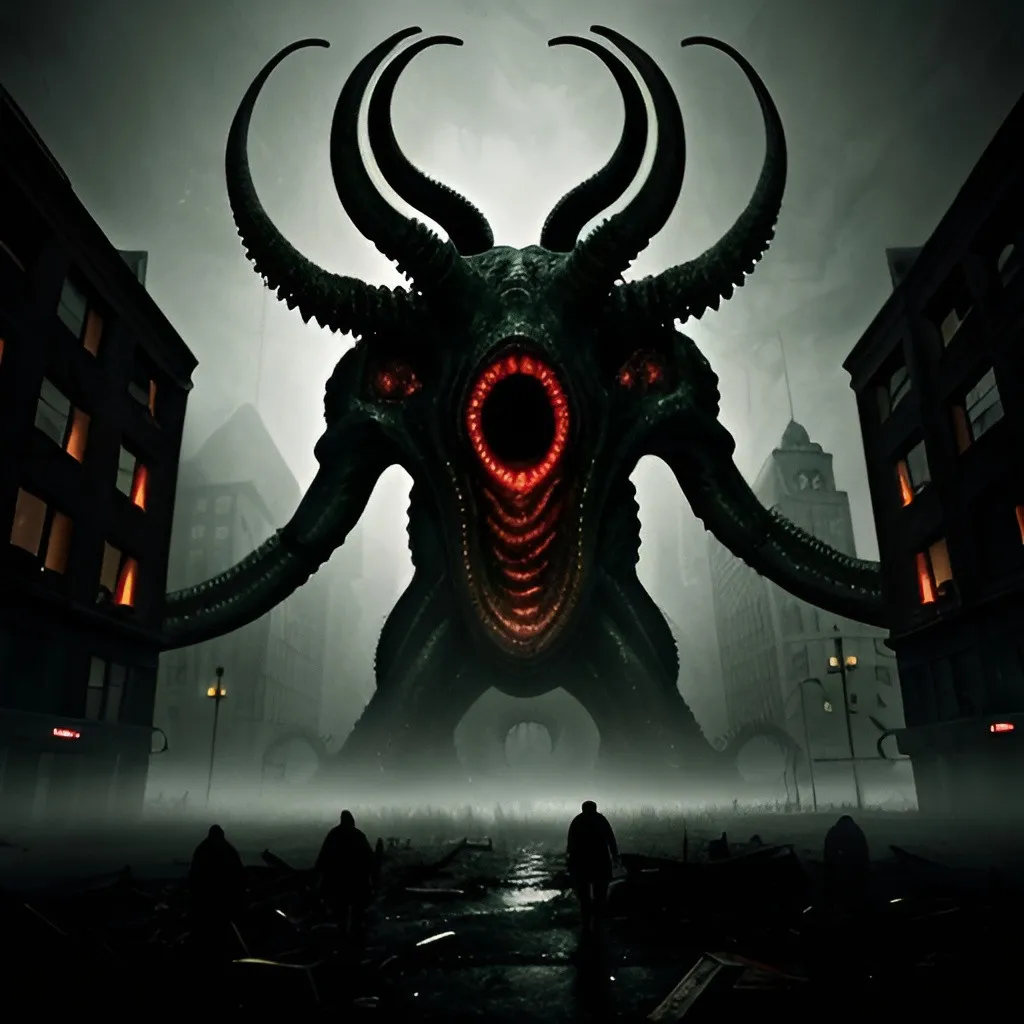 Prompt: Chaotic scene of Cthulhu rampaging through New York City, people driven insane, apocalyptic, high-quality, detailed, Lovecraftian horror, dark and eerie tones, towering eldritch creature, terrified faces, crumbling buildings, foggy and ominous atmosphere, otherworldly tentacles, city lights casting a haunting glow, best quality, highres, ultra-detailed, Lovecraftian horror, apocalyptic, chaotic, terrified faces, eerie atmosphere, eldritch creature, foggy, ominous, otherworldly, detailed buildings, haunting lighting, photorealistic, colorful