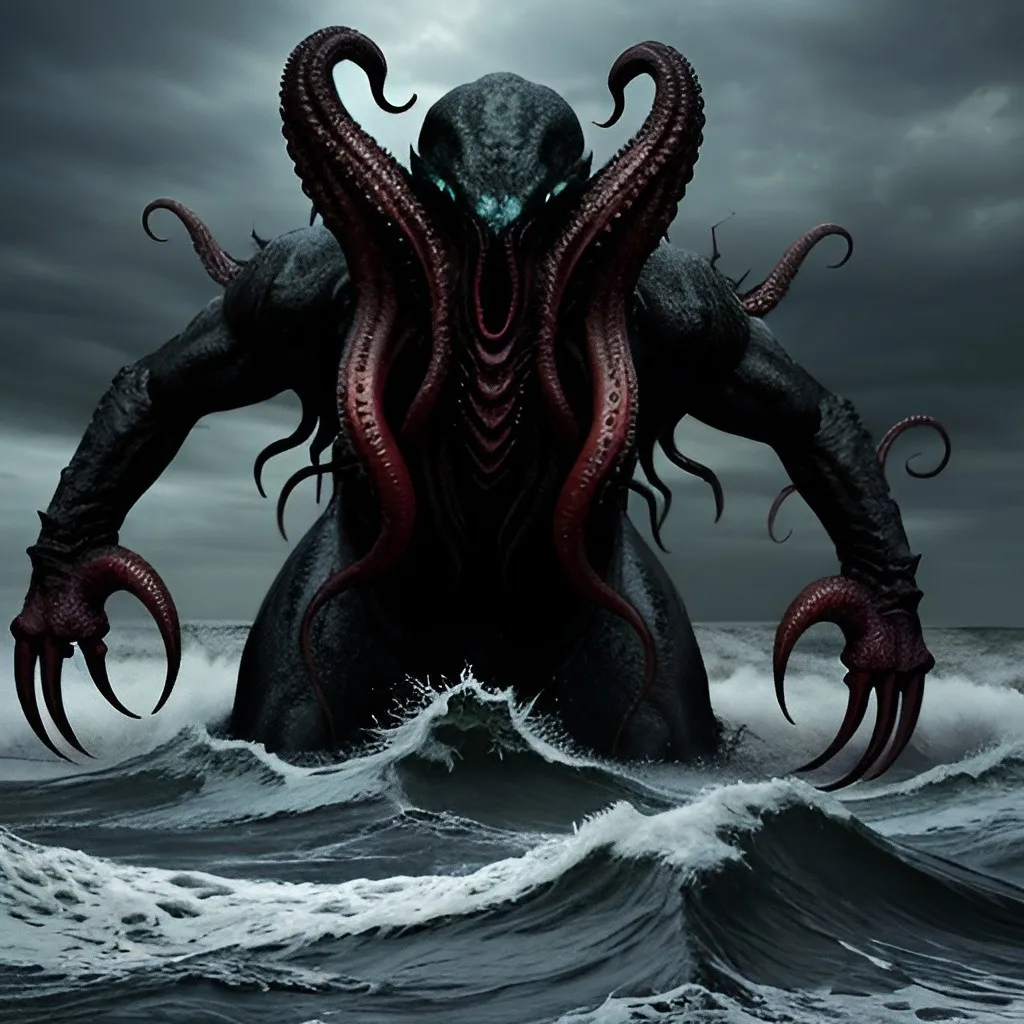 Photorealistic, chaotic scene of Cthulhu emerging fr...