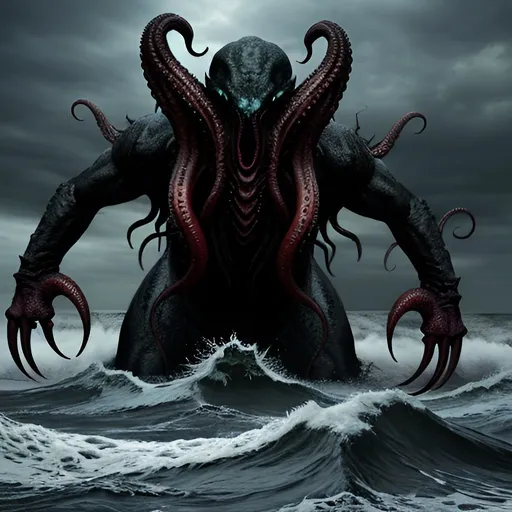 Prompt: Photorealistic, chaotic scene of Cthulhu emerging from the ocean in New York, terrified people, insanity, panic, detailed monster, realistic water, ominous atmosphere, high quality, photorealistic, chaotic, detailed crowd, horrifying, dark tones, dramatic lighting