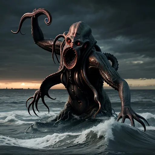 Prompt: Photorealistic, chaotic scene of Cthulhu emerging from the ocean in New York, terrified people, insanity, panic, detailed monster, realistic water, ominous atmosphere, high quality, photorealistic, chaotic, detailed crowd, horrifying, dark tones, dramatic lighting