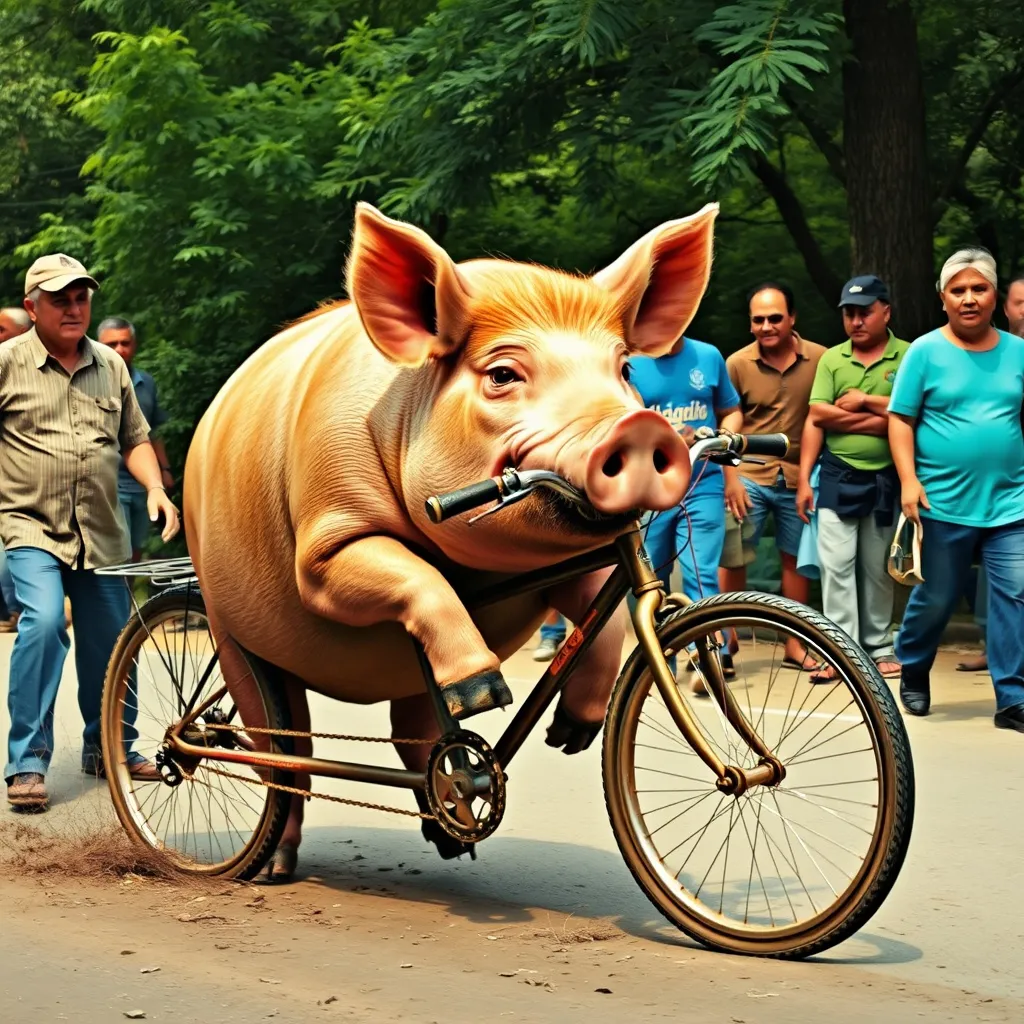 Prompt: A big pig rinding a bicycle and people chacesing it 