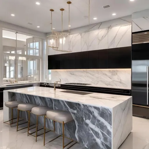 Prompt: Beautiful modern kitchen with marble countertops, natural lighting, elegant design, spacious layout, high-end appliances, luxurious ambiance, crisp and clean, high quality, modern, bright and airy, elegant lighting, marble countertops, spacious layout, luxurious ambiance