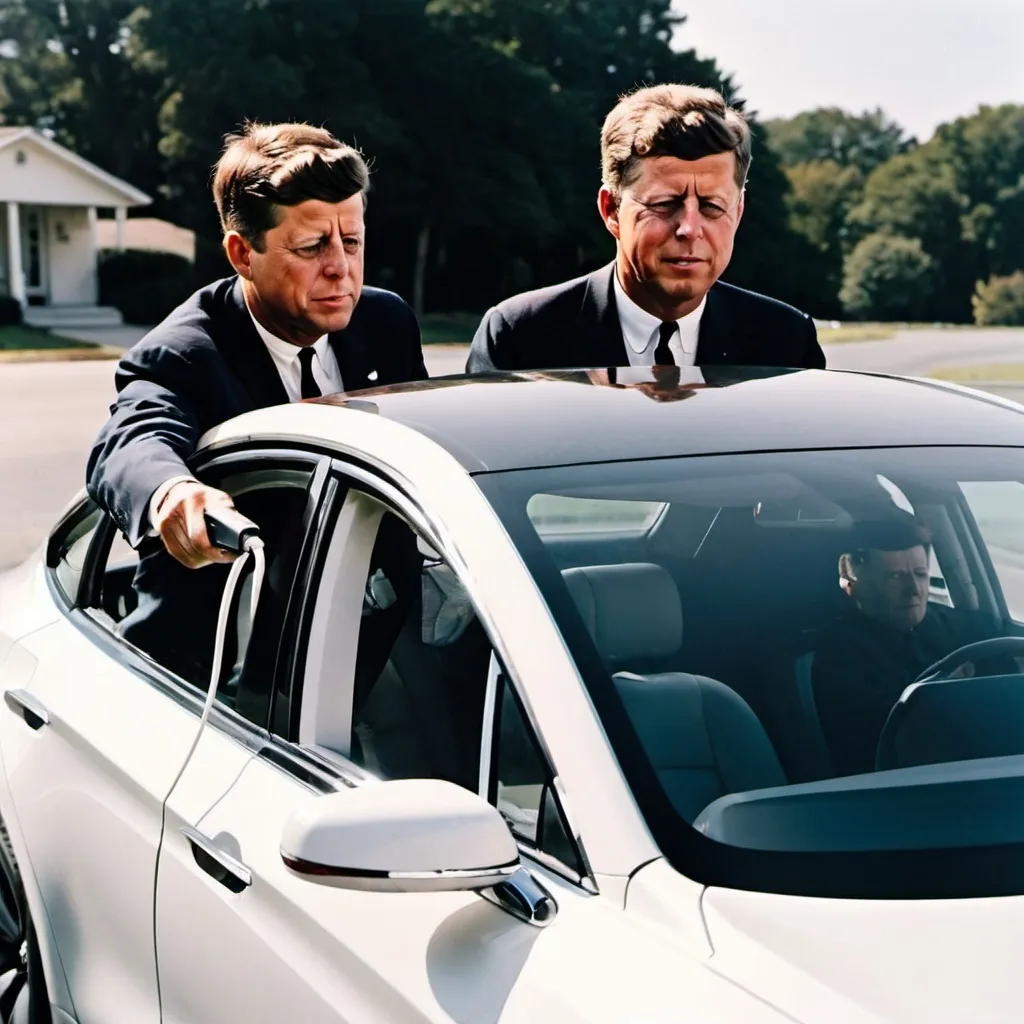 Prompt: john f kennedy  driving his 2024  white tesla model 3 charging  his car at the station  with ronald regan in the backseat .