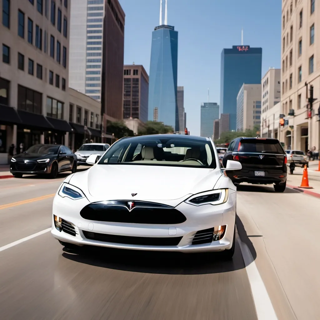 Prompt: john f kennedy  driving his 2024  white tesla plaid  through the streerts of downtown dallas .