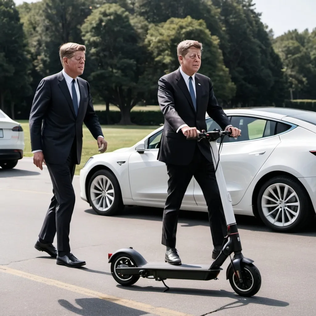 Prompt: jfk riding and eletric scooter next to a white tesla model 3 