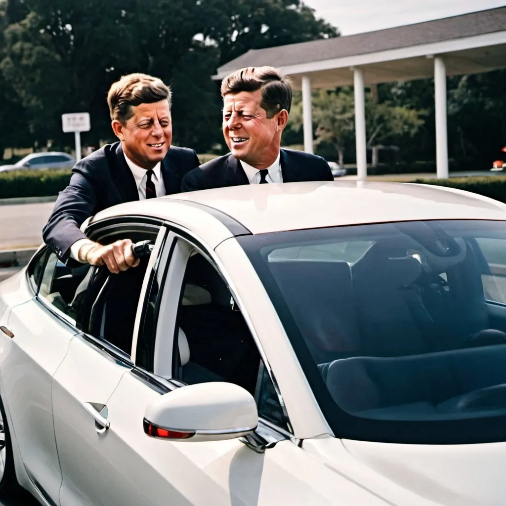 Prompt: john f kennedy  driving his 2024  white tesla model 3 charging  his car at the station  with ronald regan in the backseat .