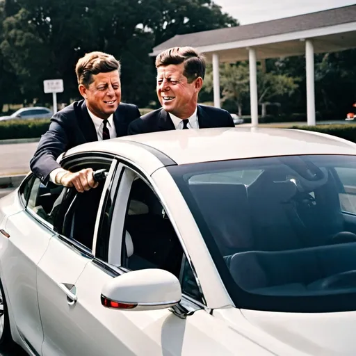 Prompt: john f kennedy  driving his 2024  white tesla model 3 charging  his car at the station  with ronald regan in the backseat .