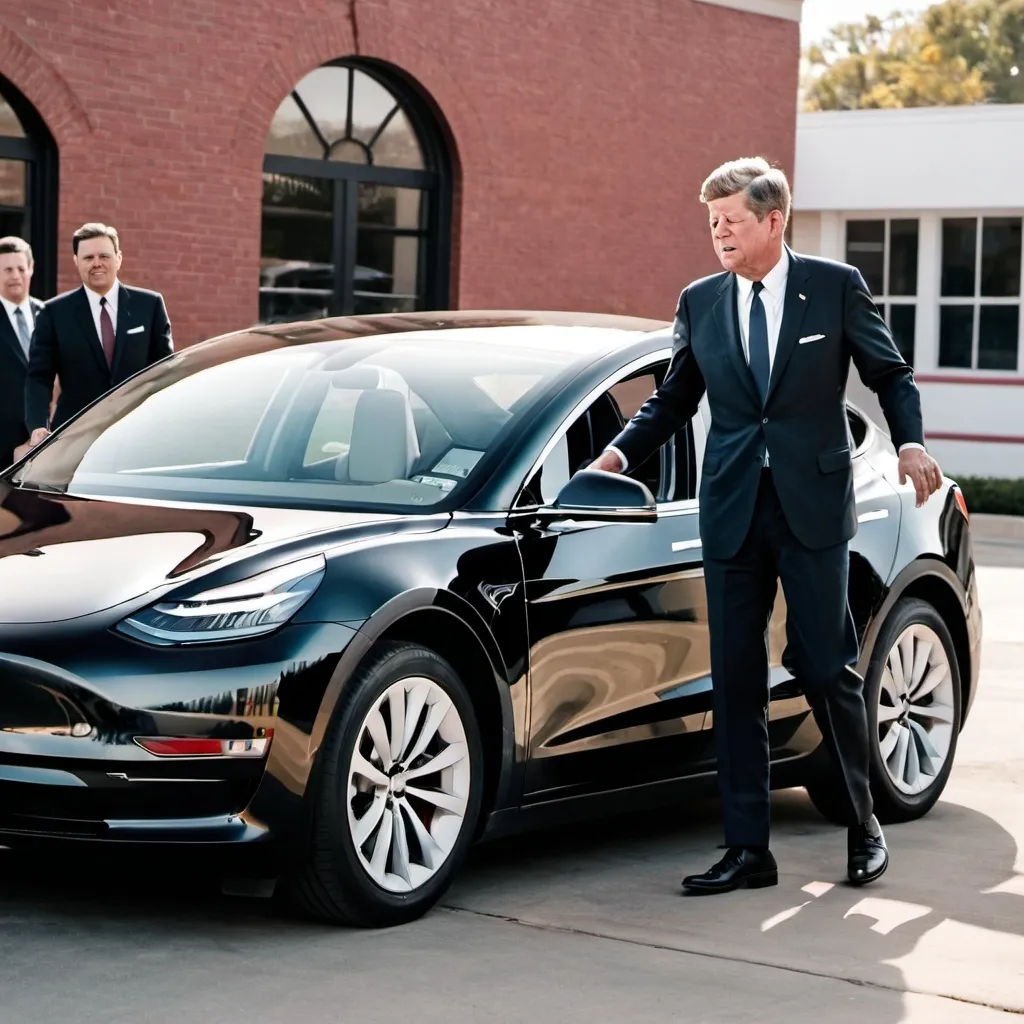 Prompt: john f kennedy  driving his 2024  white tesla model 3 charging  his car at the station  with ronald regan in the backseat .