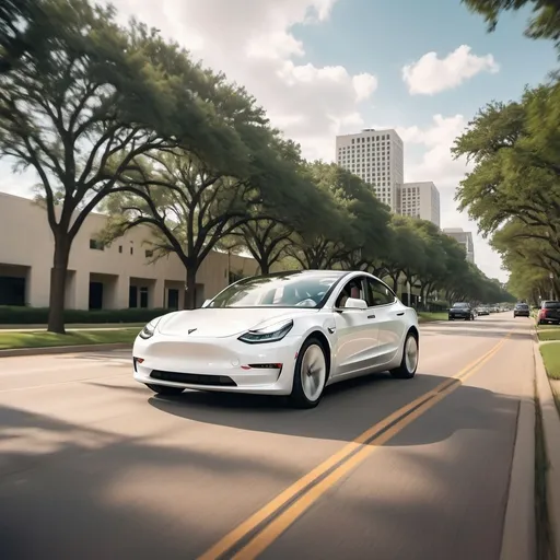 Prompt: (JFK driving his white Tesla Model 3), near Parkland Hospital, (historical setting), vintage feel, bright daylight, suburban landscape, detailed surroundings, trees swaying gently, emotive atmosphere, inviting roads, capturing a moment of history, (4K resolution), ultra-detailed, cinematic tone.