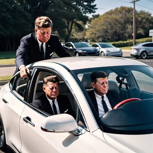 Prompt: john f kennedy  driving his 2024  white tesla model 3 charging  his car at the station  with ronald regan in the backseat .