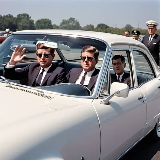 Prompt: john f kennedy  driving his white tesla model 3 with ronald regan in the backseat .