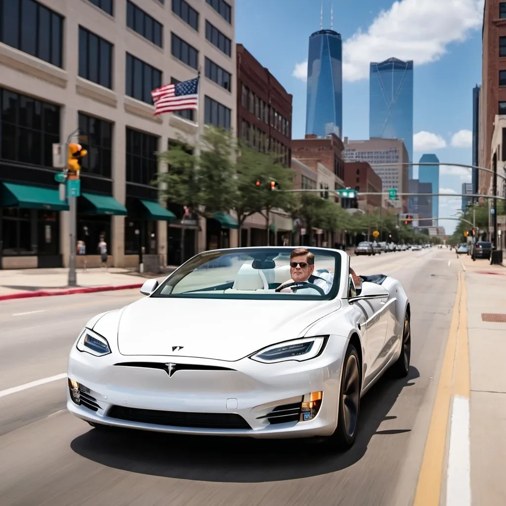 Prompt: john f Kennedy  driving his 2024  white tesla plaid convertible  through the streets of downtown Dallas 