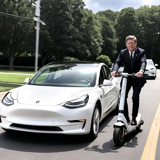 Prompt: jfk riding and eletric scooter next to a white tesla model 3 