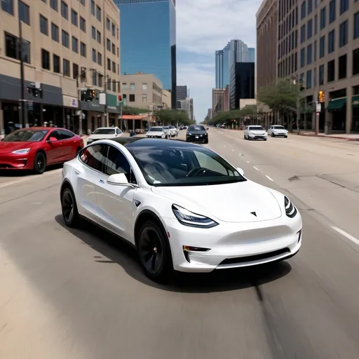 Prompt: john f kennedy  driving his 2024  white tesla plaid  through the streerts of downtown dallas .