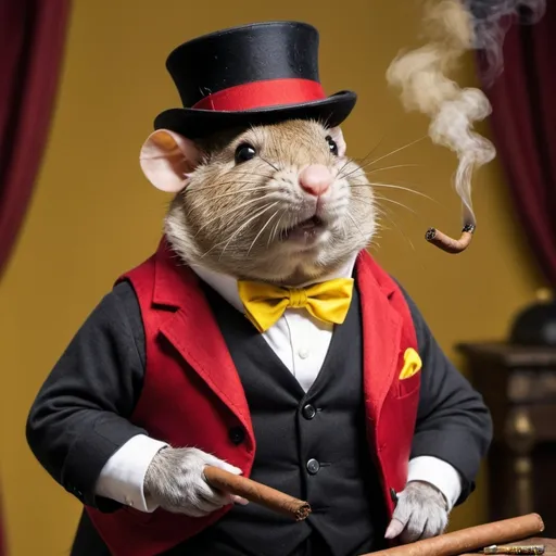 Prompt: A big old fat rat With a red BOWLER hat With a red vest holding a cigar yellow undershirt vest not buttoned no legs BLACK BOW TIE Black buttons 