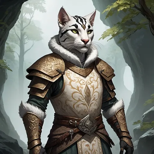 Prompt: Create a high-quality 2D image of a Felys or Khajiit character in an heroic fantasy setting. The character should have striking white fur and distinctive black eyebrows, giving them a unique and charismatic appearance. Dress them in ornate, medieval fantasy armor with intricate patterns and decorations that reflect their agile and stealthy nature. The background should depict a fantastical landscape, such as an ancient forest with towering trees or a mystical cave filled with glowing crystals. The scene should capture a sense of adventure and mystery, with the character posed in a dynamic stance, ready for action or exploration. Use vibrant colors and detailed textures to bring this fantastical world to life